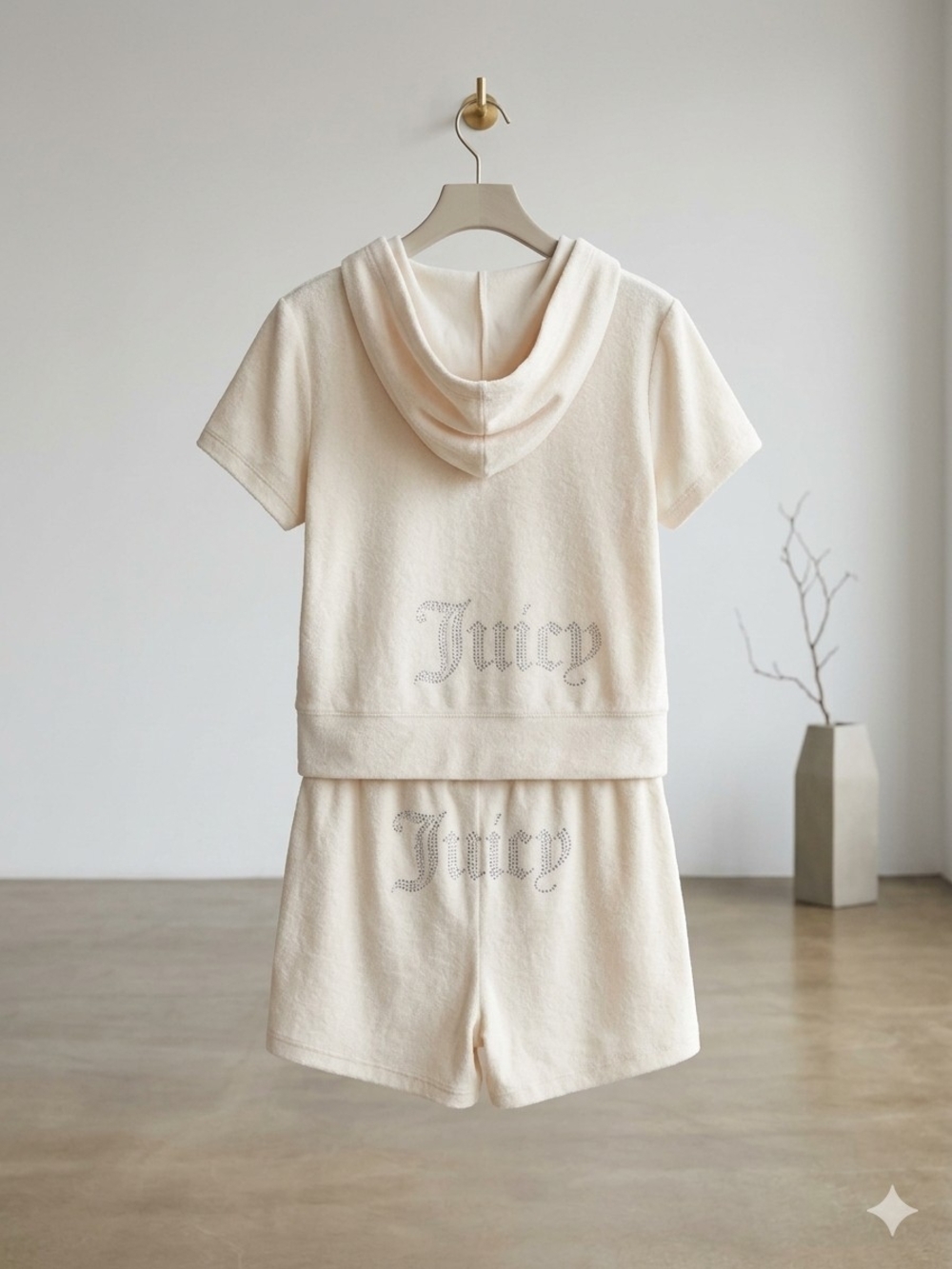 Juicy Couture Cream Short Sleeve Hoodie & Matching Shorts Set with Crystal Logo
